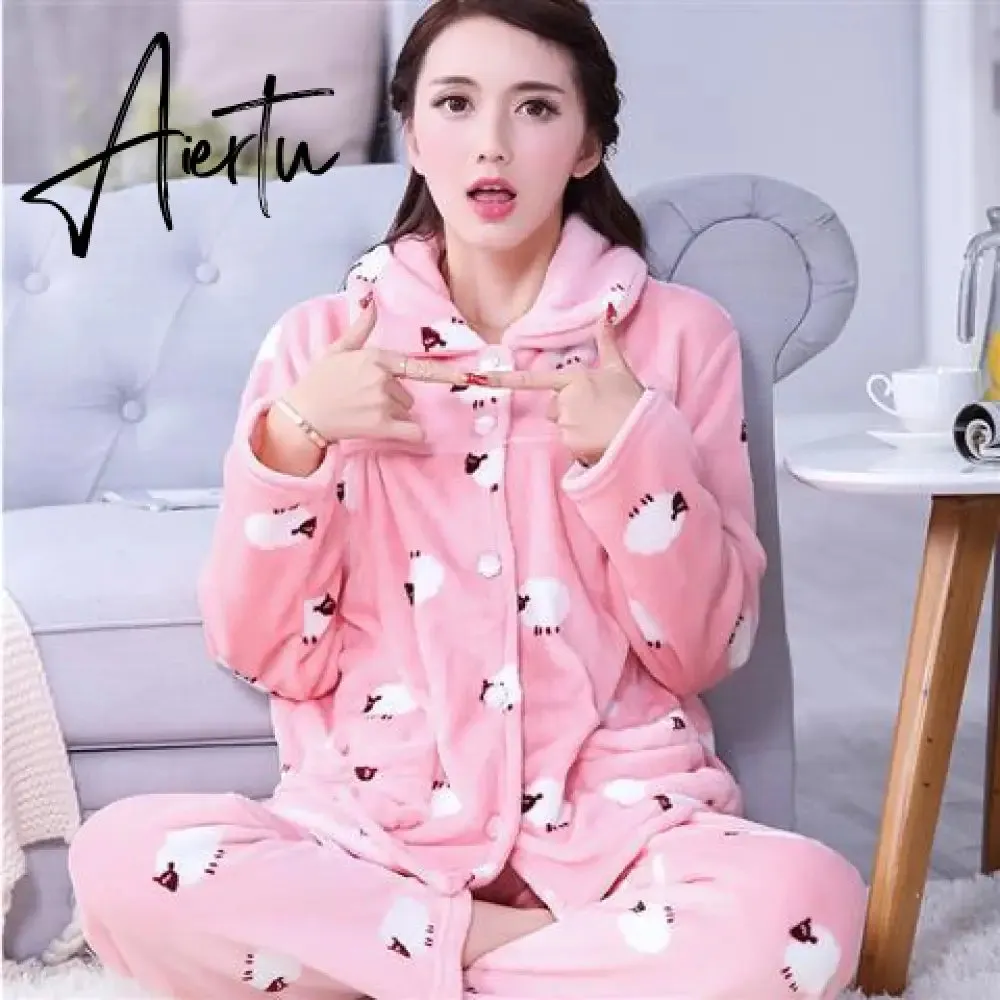 Aiertu Women's Winter Pajamas Set Turn-down Collar Sexy Flower Embroidery Sleepwear Warm Flannel Pajama Casual Mom Big Size Homewear