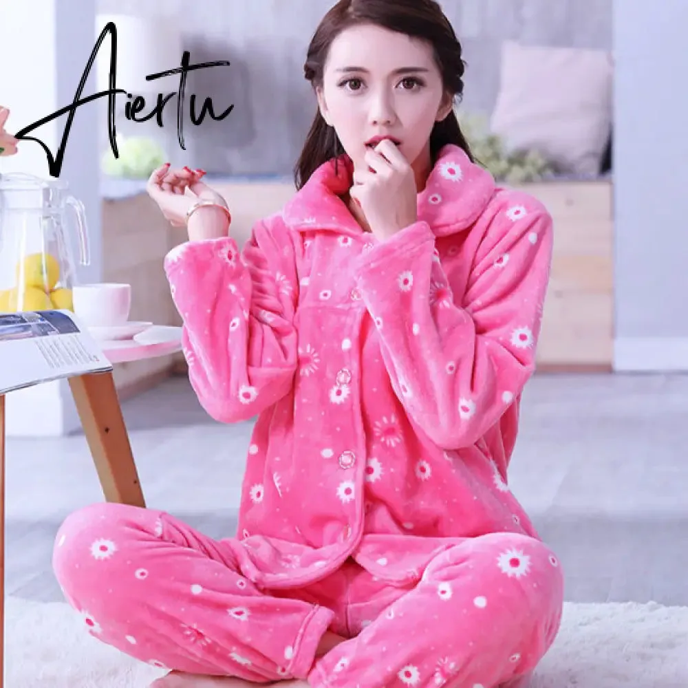 Aiertu Women's Winter Pajamas Set Turn-down Collar Sexy Flower Embroidery Sleepwear Warm Flannel Pajama Casual Mom Big Size Homewear