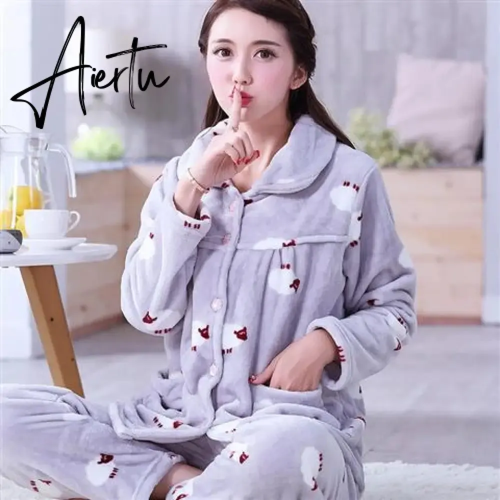 Aiertu Women's Winter Pajamas Set Turn-down Collar Sexy Flower Embroidery Sleepwear Warm Flannel Pajama Casual Mom Big Size Homewear
