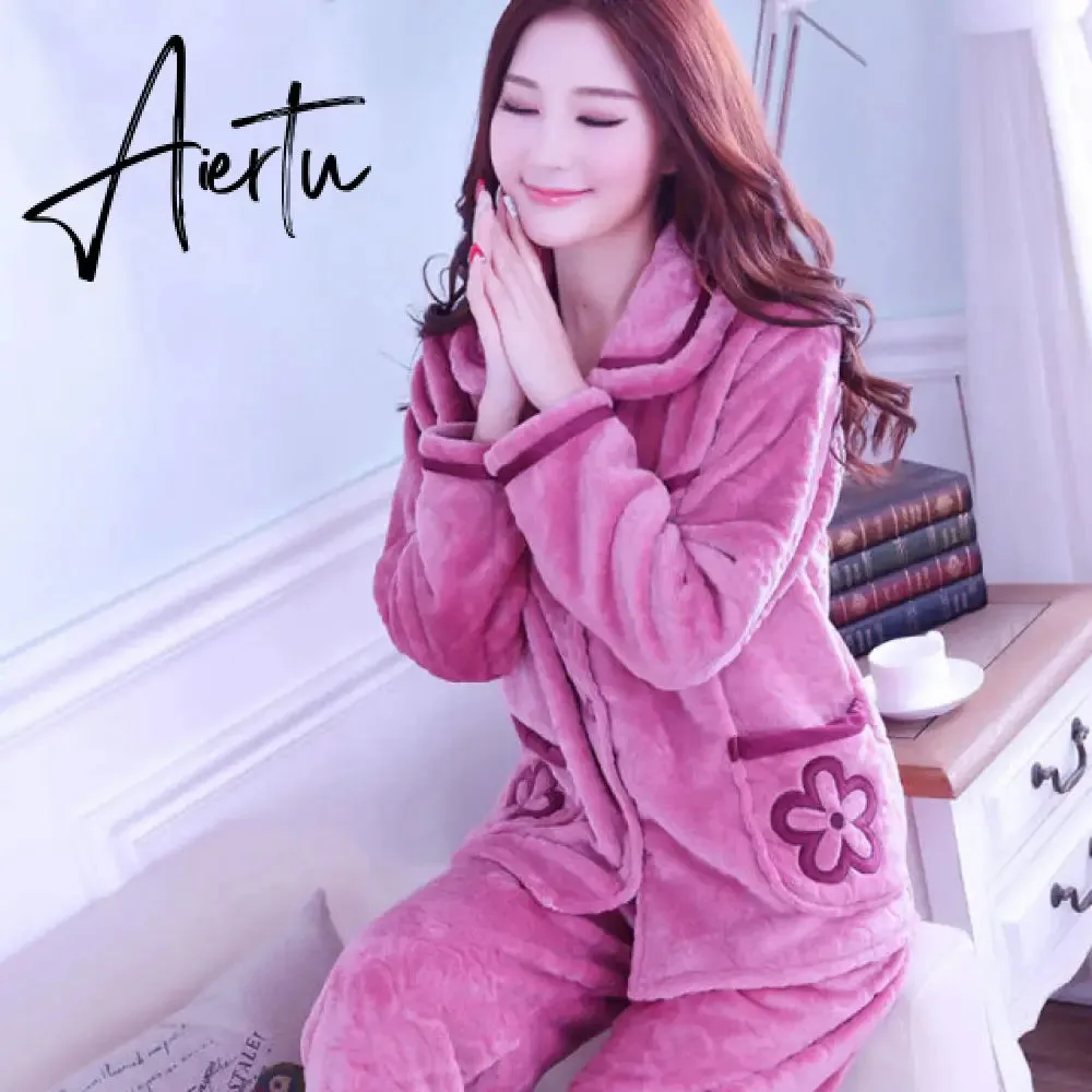 Aiertu Women's Winter Pajamas Set Turn-down Collar Sexy Flower Embroidery Sleepwear Warm Flannel Pajama Casual Mom Big Size Homewear