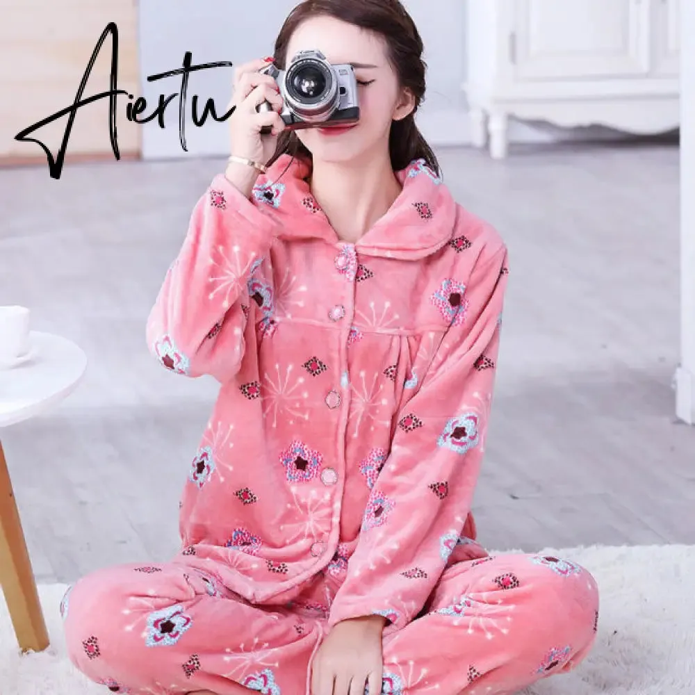 Aiertu Women's Winter Pajamas Set Turn-down Collar Sexy Flower Embroidery Sleepwear Warm Flannel Pajama Casual Mom Big Size Homewear