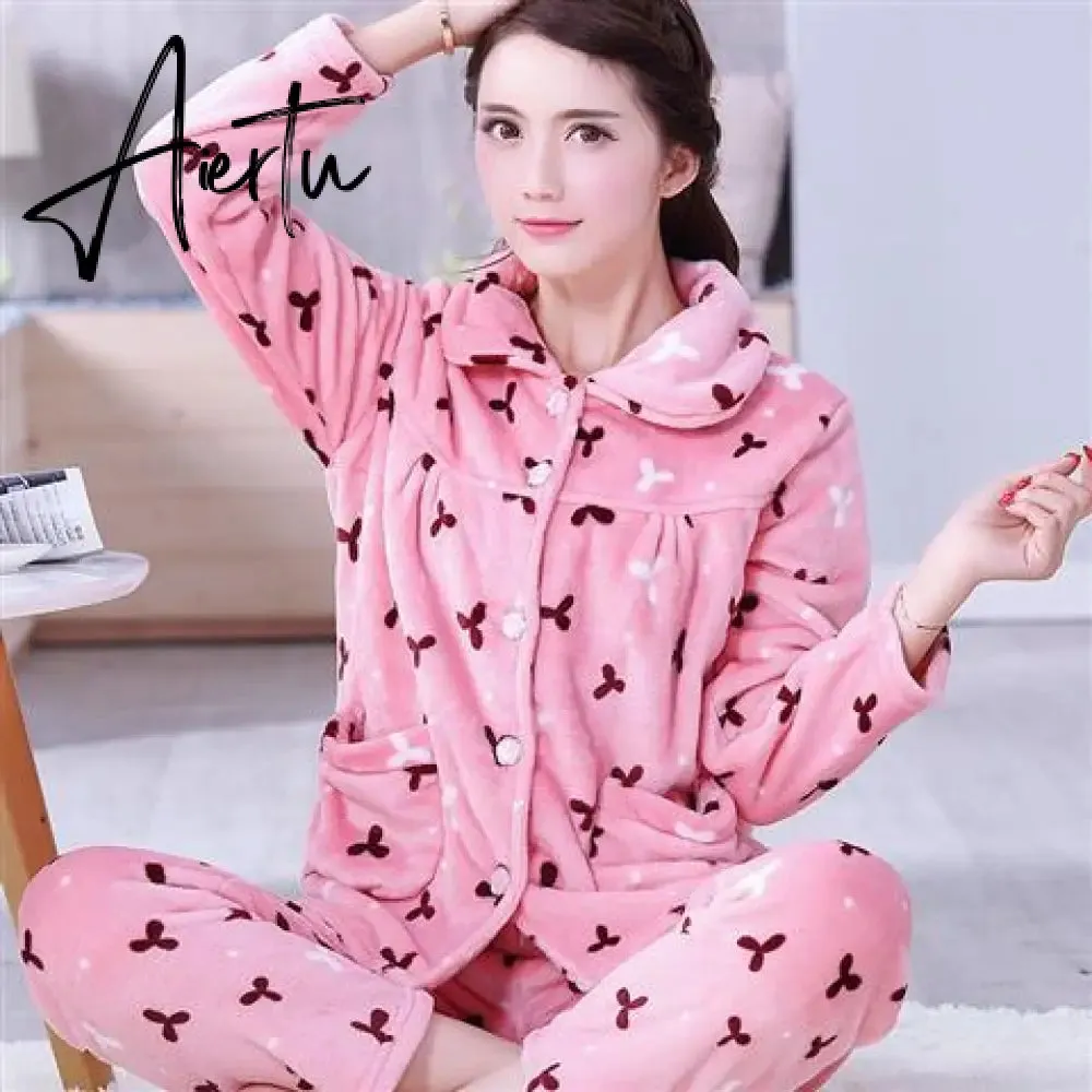 Aiertu Women's Winter Pajamas Set Turn-down Collar Sexy Flower Embroidery Sleepwear Warm Flannel Pajama Casual Mom Big Size Homewear