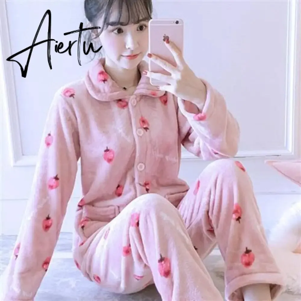 Aiertu Women's Winter Pajamas Set Turn-down Collar Sexy Flower Embroidery Sleepwear Warm Flannel Pajama Casual Mom Big Size Homewear