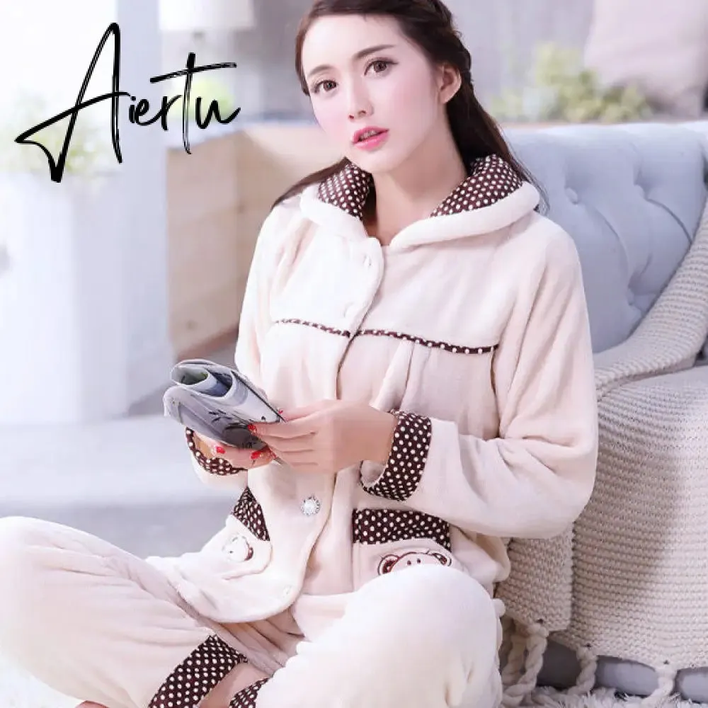 Aiertu Women's Winter Pajamas Set Turn-down Collar Sexy Flower Embroidery Sleepwear Warm Flannel Pajama Casual Mom Big Size Homewear