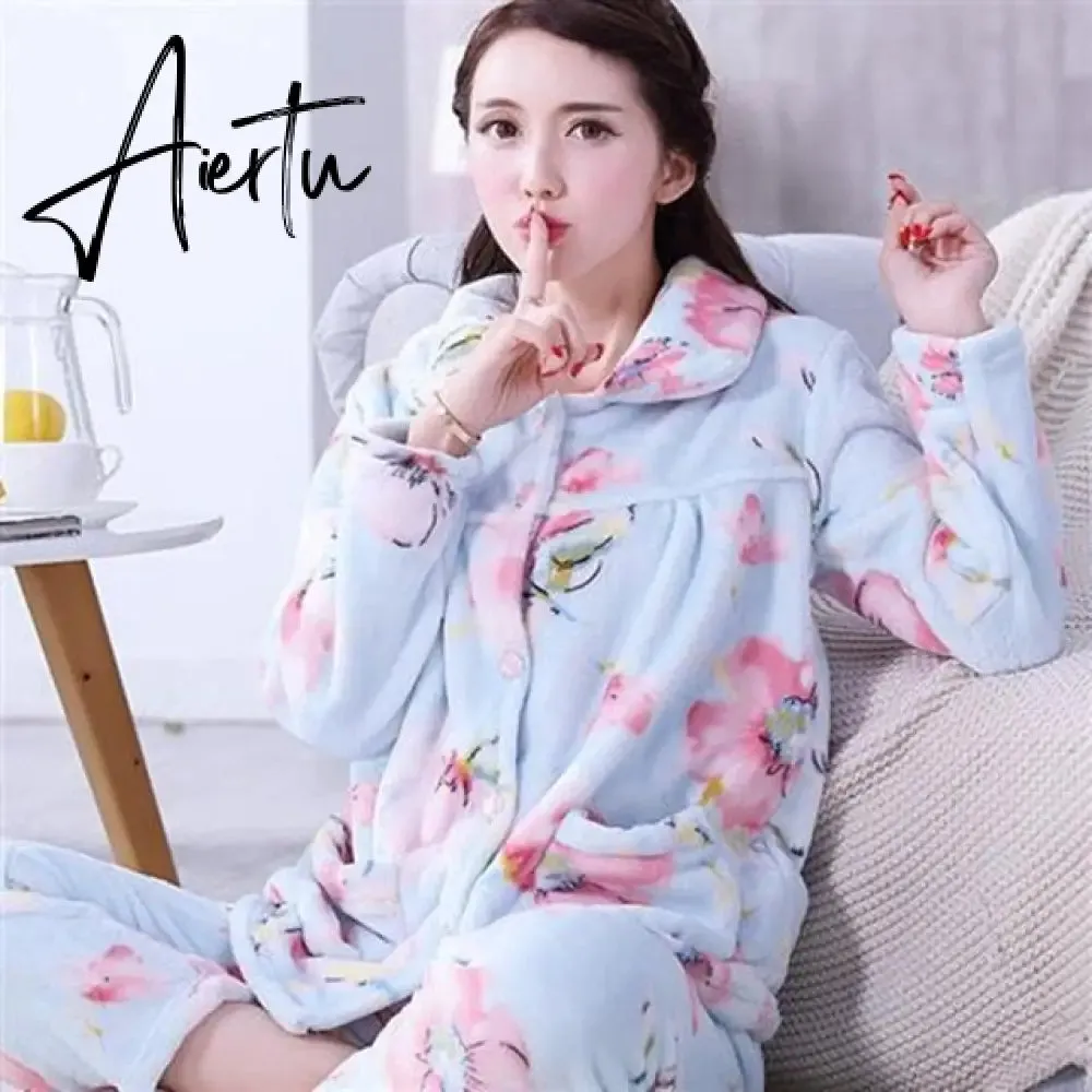 Aiertu Women's Winter Pajamas Set Turn-down Collar Sexy Flower Embroidery Sleepwear Warm Flannel Pajama Casual Mom Big Size Homewear