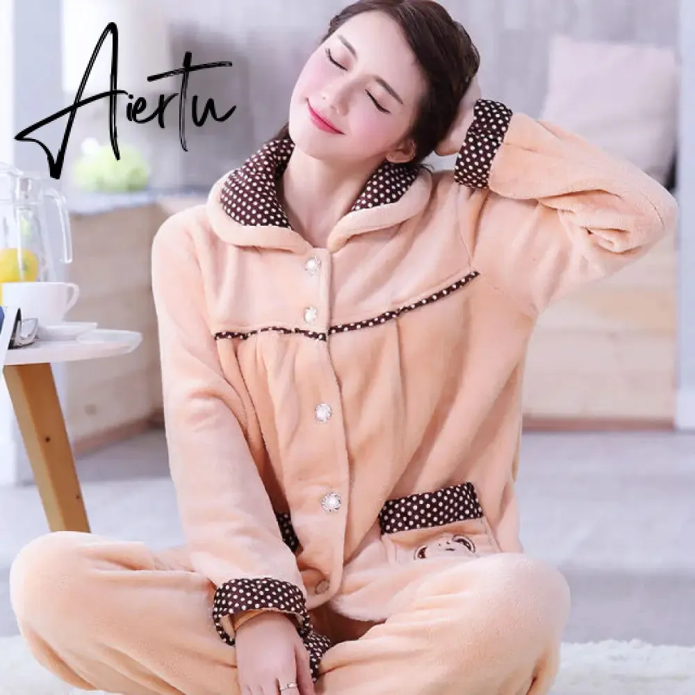 Aiertu Women's Winter Pajamas Set Turn-down Collar Sexy Flower Embroidery Sleepwear Warm Flannel Pajama Casual Mom Big Size Homewear