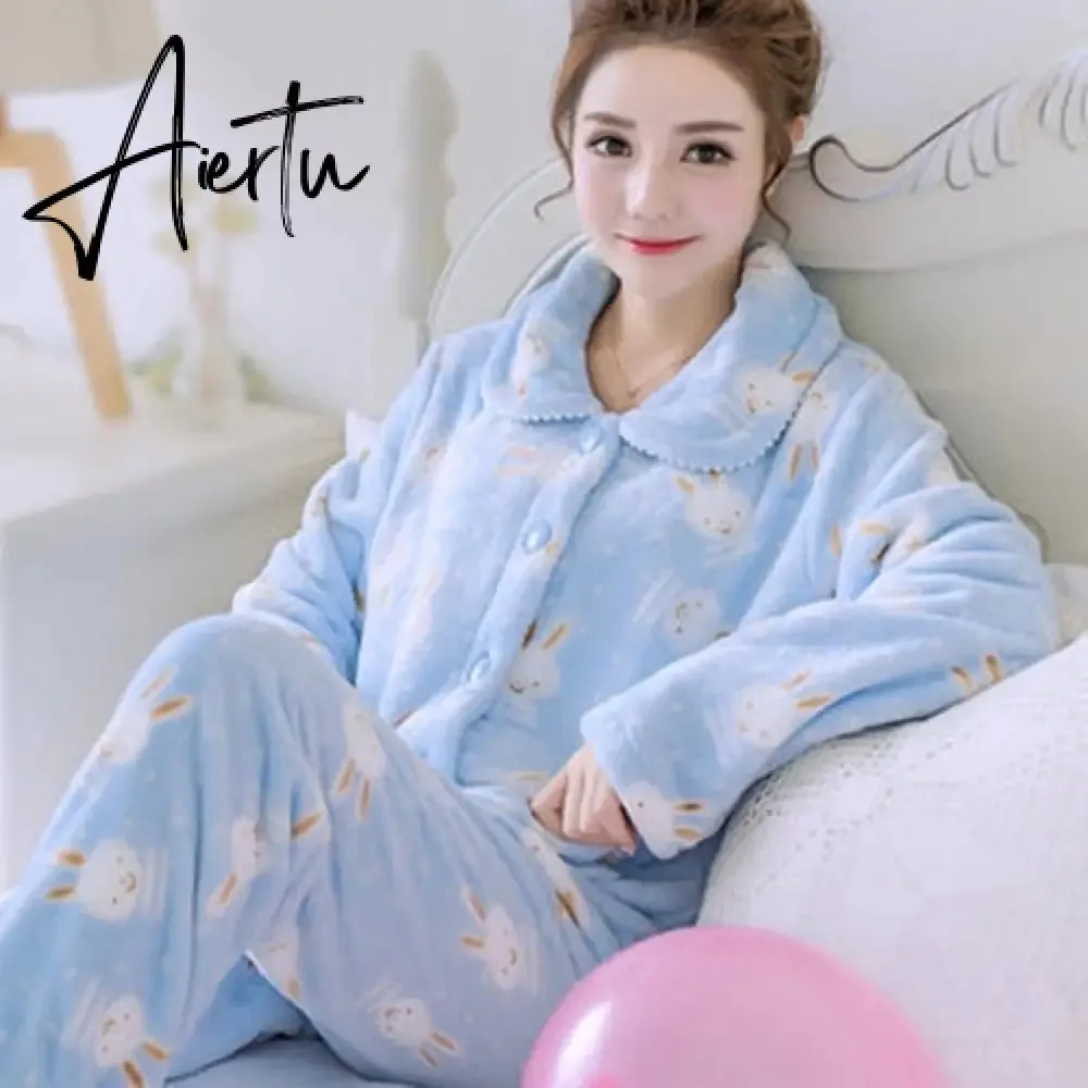 Aiertu Women's Winter Pajamas Set Turn-down Collar Sexy Flower Embroidery Sleepwear Warm Flannel Pajama Casual Mom Big Size Homewear