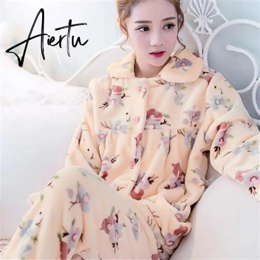 Aiertu Women's Winter Pajamas Set Turn-down Collar Sexy Flower Embroidery Sleepwear Warm Flannel Pajama Casual Mom Big Size Homewear