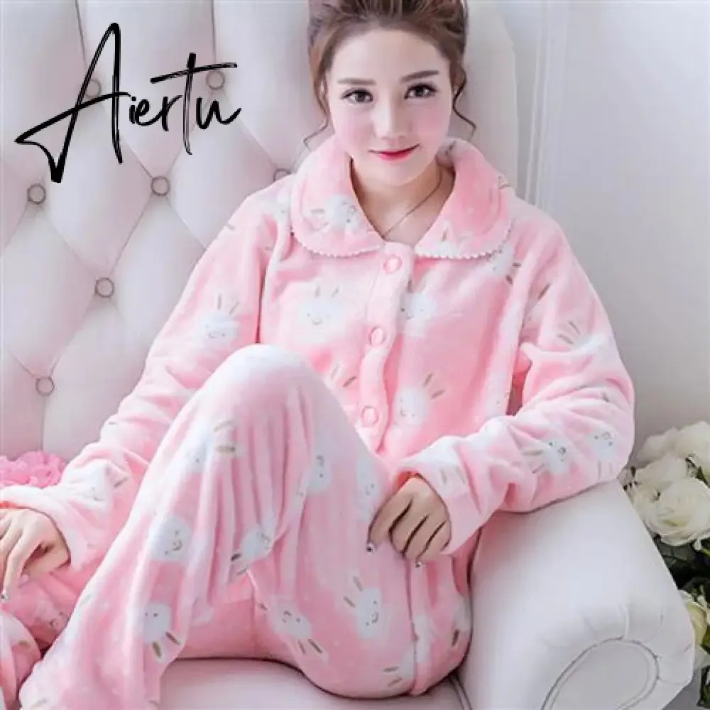 Aiertu Women's Winter Pajamas Set Turn-down Collar Sexy Flower Embroidery Sleepwear Warm Flannel Pajama Casual Mom Big Size Homewear