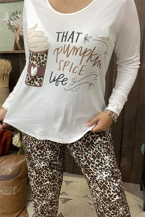 BQ15518 "That pumpkin spice life "graphic printed long sleeve top&leopard printed pants women pajamas sets