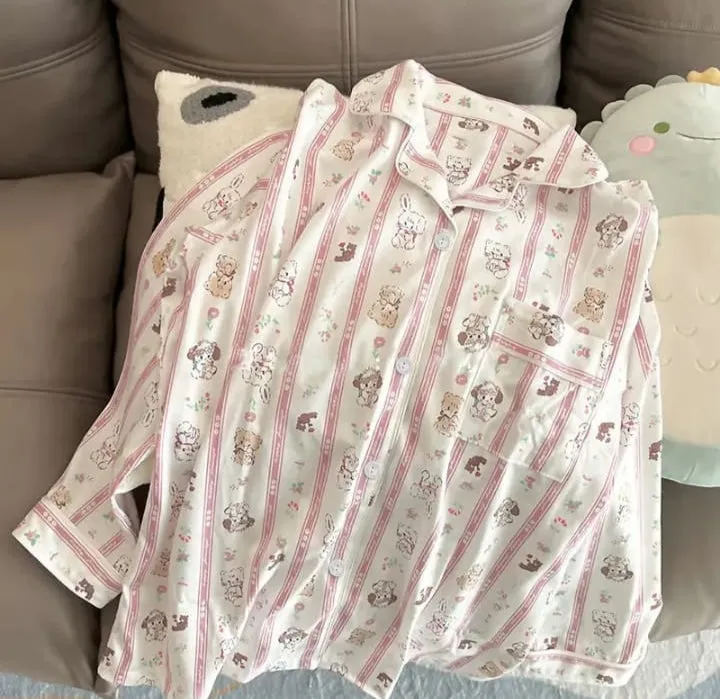 Cute Cat Striped Pajamas for Women New Home Clothes V-Neck Long Sleeve Set Soft Autumn Suit Wholesale  X4869144