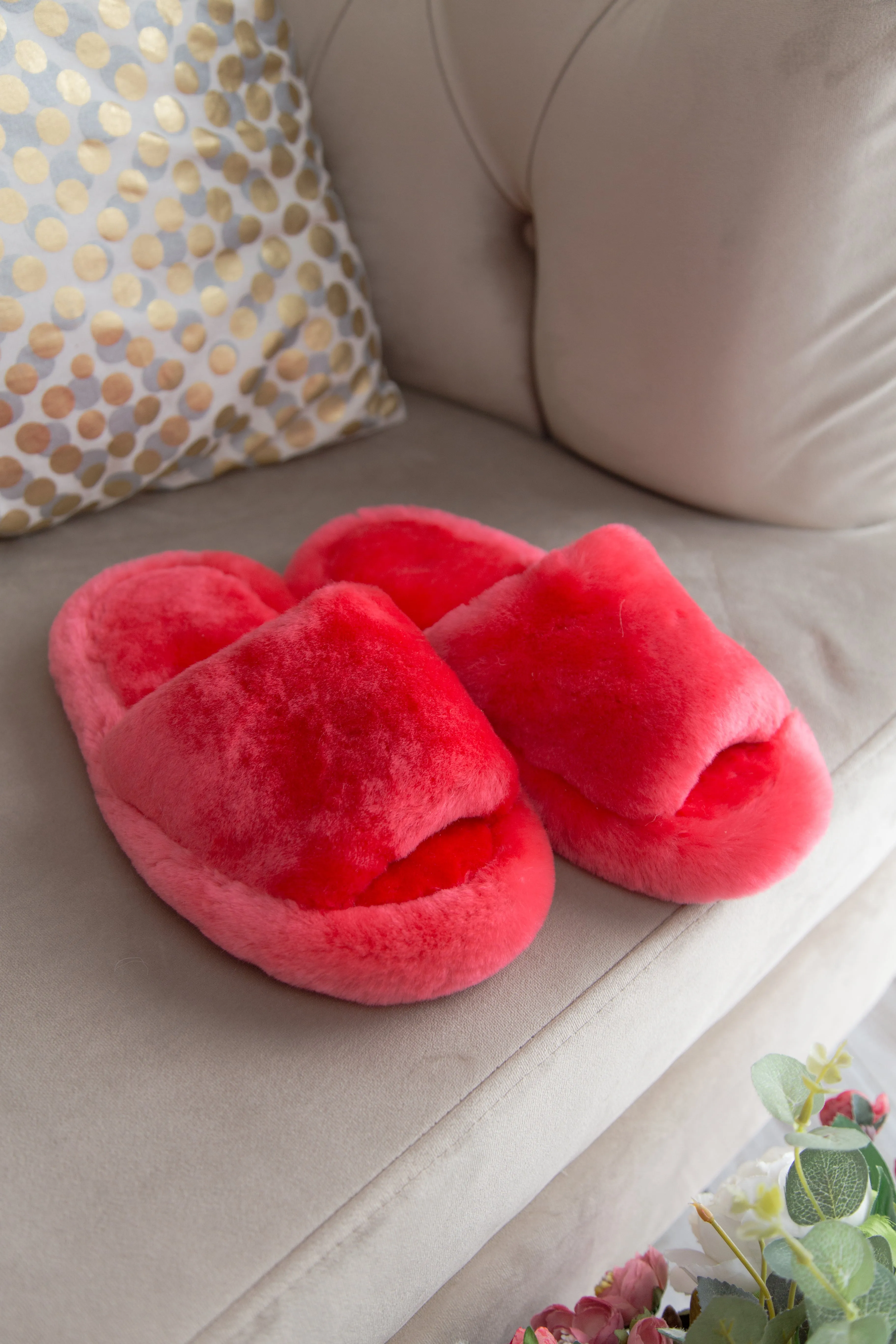 Fluffy Open Toe Sheepskin Mule Slippers for Women in Raspberry Color