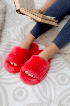 Fluffy Open Toe Sheepskin Mule Slippers for Women in Raspberry Color