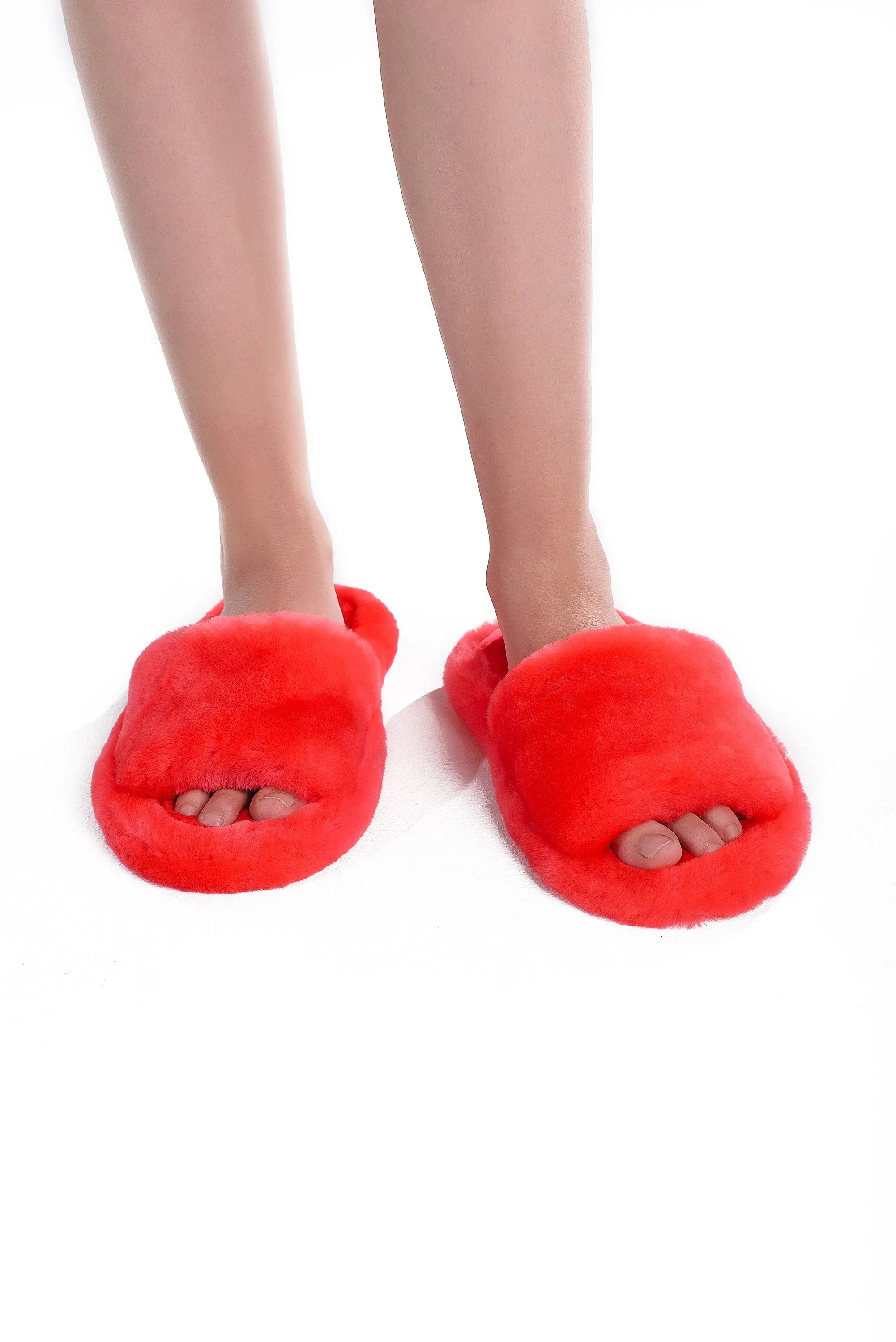 Fluffy Open Toe Sheepskin Mule Slippers for Women in Raspberry Color