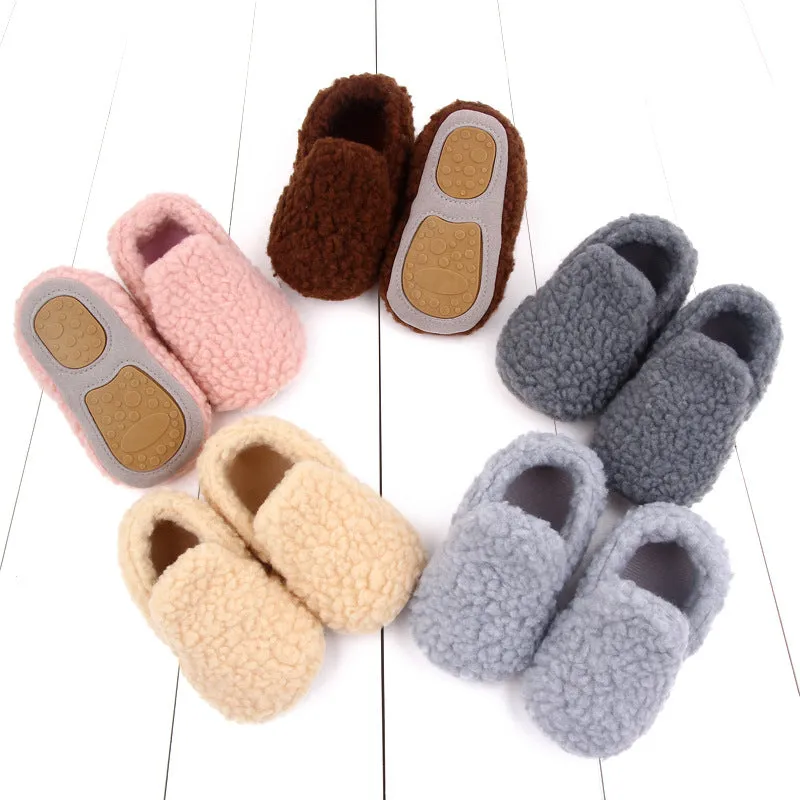 Plush Coral Fleece Slippers for Toddlers with Soft Rubber Non-Slip Sole