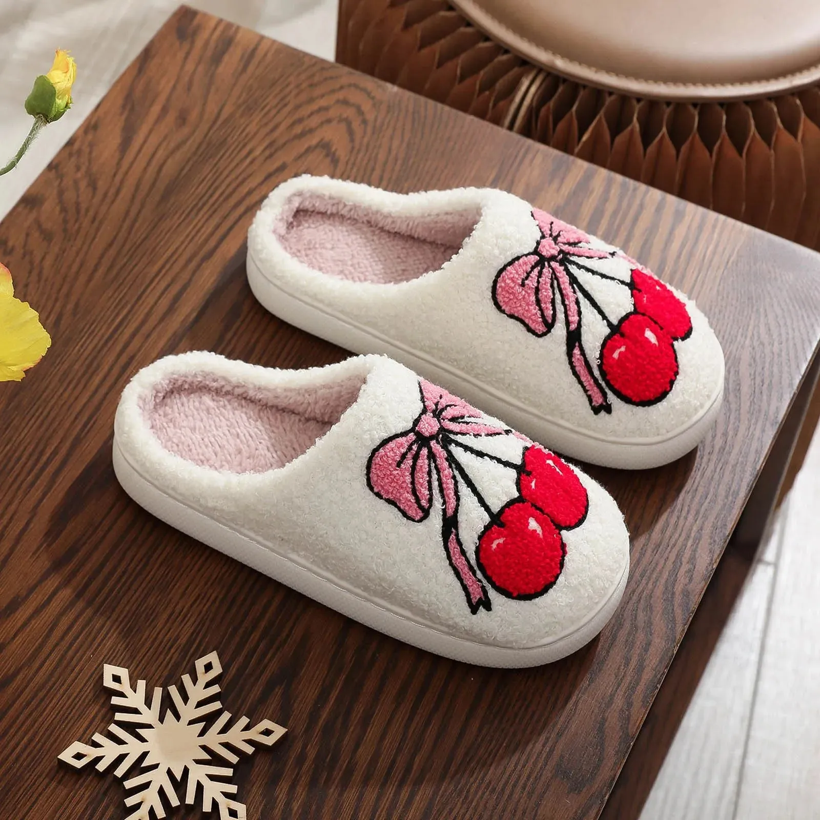 Preppy Aesthetic Coquette Christmas Cherry Bow Cozy Slippers