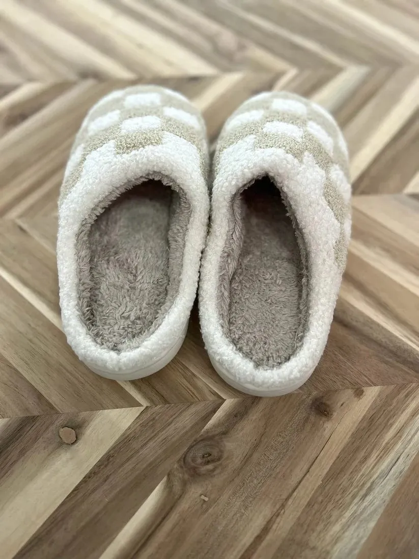 ***TAUPE CHECKERBOARD SLIPPERS