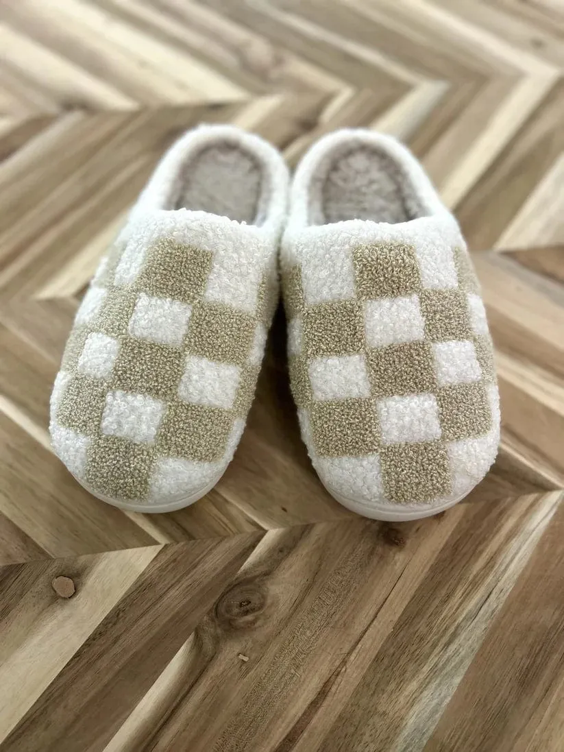 ***TAUPE CHECKERBOARD SLIPPERS