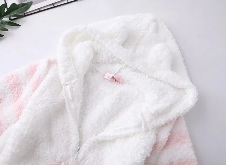 Winter Women Onesie Pajamas Kawaii Cat Lovely Ear Long Sleeve Pink One-Piece Sleepwear Female Casual Cute Homewear Girl