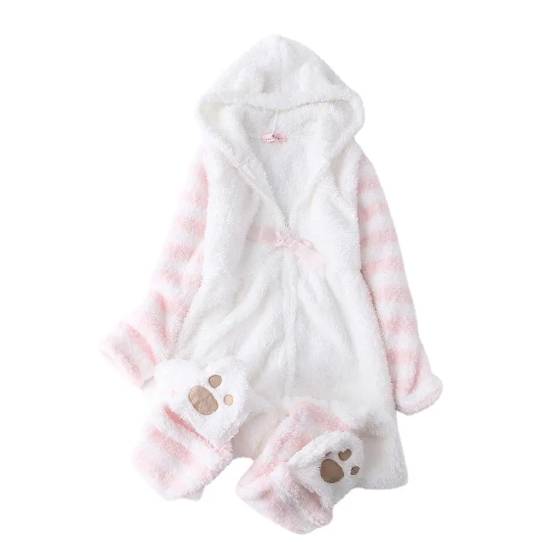 Winter Women Onesie Pajamas Kawaii Cat Lovely Ear Long Sleeve Pink One-Piece Sleepwear Female Casual Cute Homewear Girl