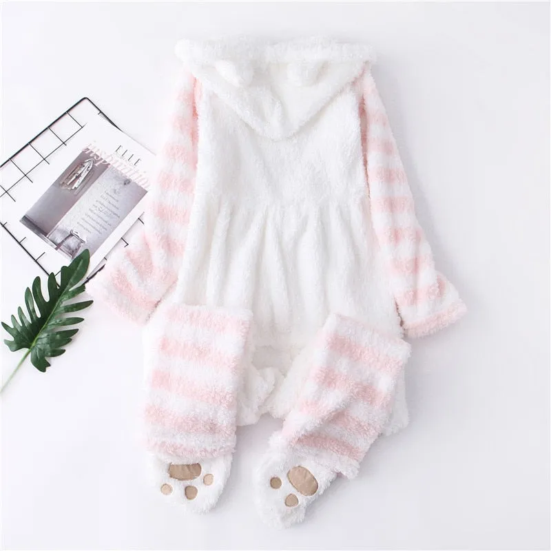 Winter Women Onesie Pajamas Kawaii Cat Lovely Ear Long Sleeve Pink One-Piece Sleepwear Female Casual Cute Homewear Girl